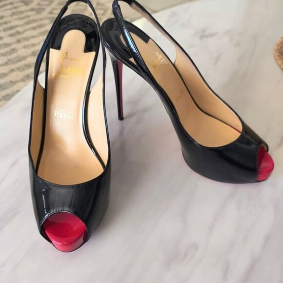 Christian Louboutin Blk Patent Leather Peep Toe Very Prive Slingback Heels - Picture 3 of 7